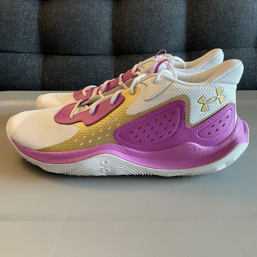 Mens Size 12.5 - Under Armour JET '23 Basketball White/ Magenta / Gold Shoes NEW
